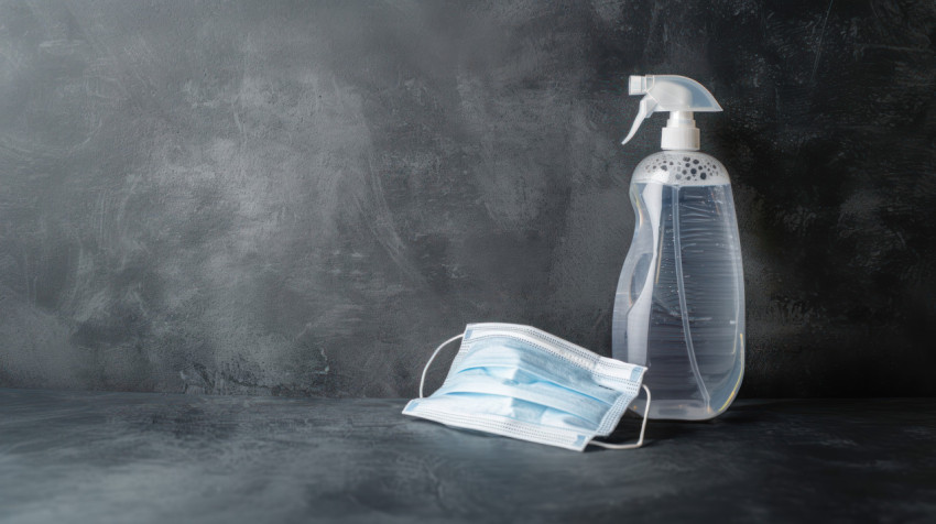 Hand washing bottle and medical mask on a dark gray background safety idea