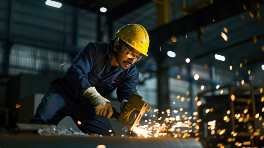 An Indian worker wearing a hard hat using an anglesmith to cut metal in factory safety theme