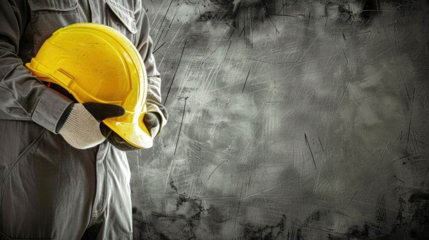 A worker holding a yellow helmet and emphasizing safety and protection on a construction site