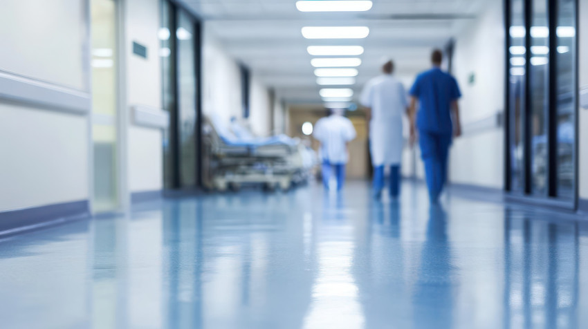 Blurred hospital corridor with medical staff and patients walking hospital and clinic concept