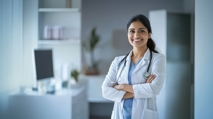 Indian female doctor smiling at the camera standing in her clinic hospital and clinic theme