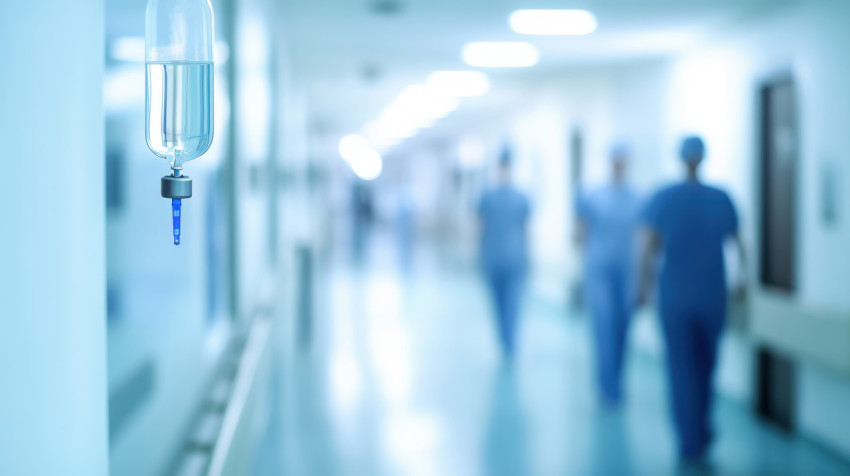 Intravenous fluid hanging in hospital corridor on a blurred background hospital and clinic concept