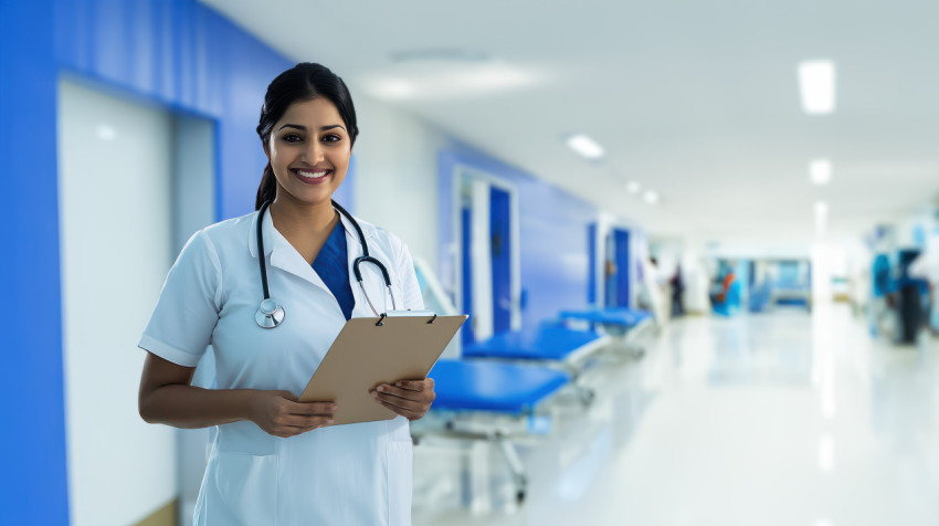 Indian nurse holding a clipboard standing near a hospital corridor hospital and clinic theme