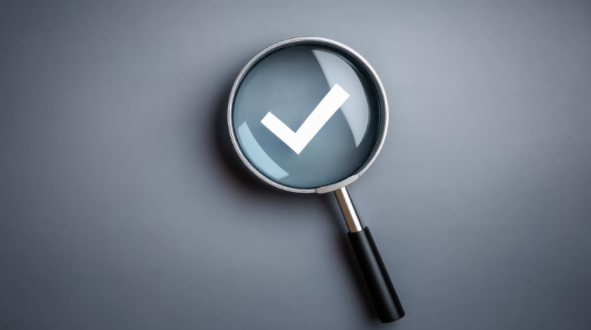 Magnifying glass over checkmark icon on grey background symbolizing business performance checklist