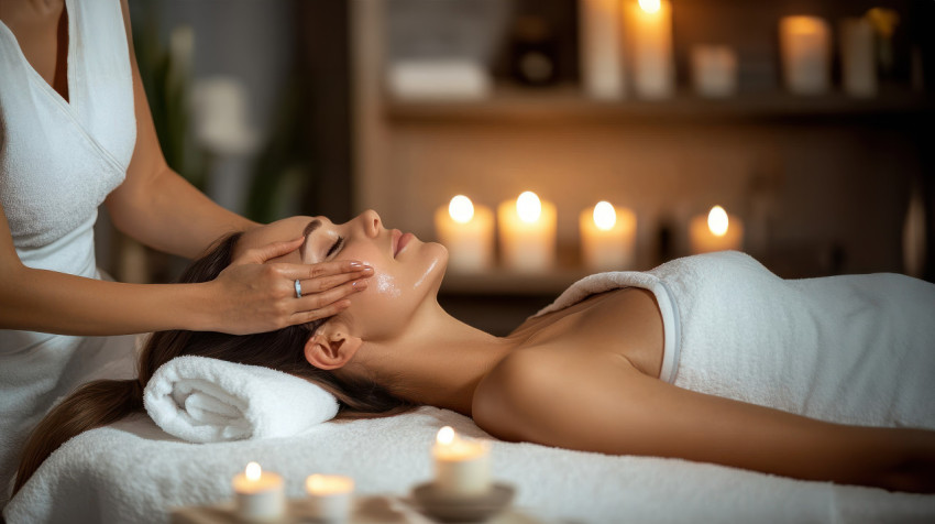 A woman massage table in spa salon with professional masseuse holding her hands over the woman face