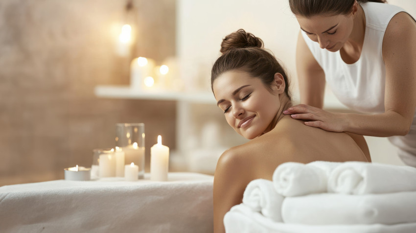 A woman relaxing back massage at the spa with candles and atmosphere enhancing her well being