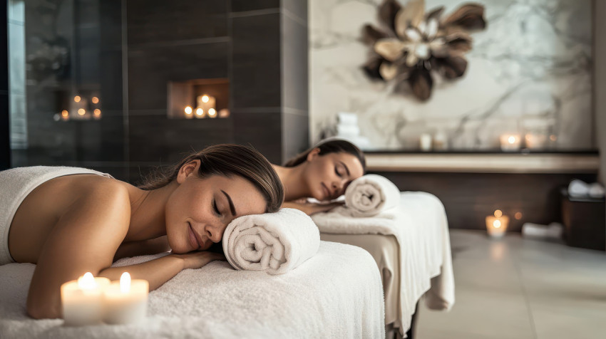 Friend enjoying a spa day in luxurious setting surrounded by plush towels and candles