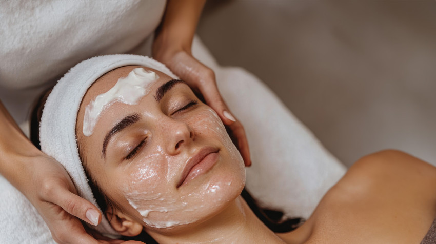 A woman in her late twenties lying down with closed eyes receiving a massage