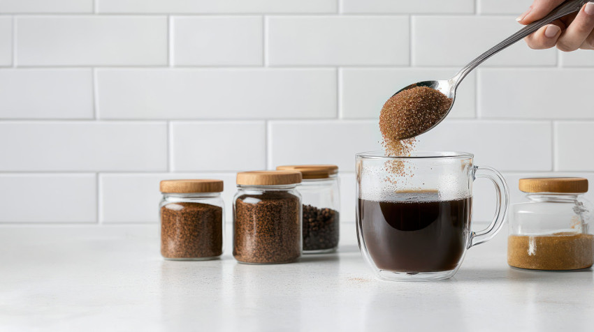 Hand pouring brown sugar into glass coffee cup next to the white kitchen counter brown sugar