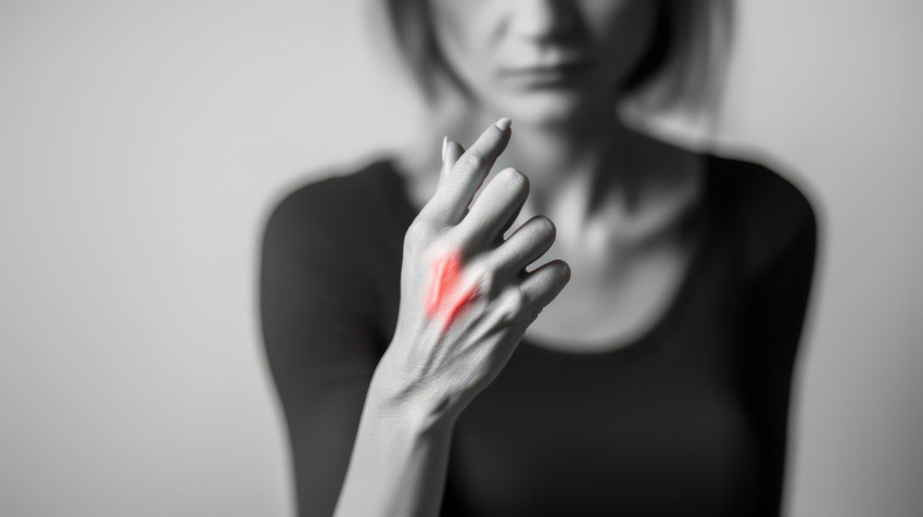 A woman holding her hand with a red painful area on her finger with a blurred background