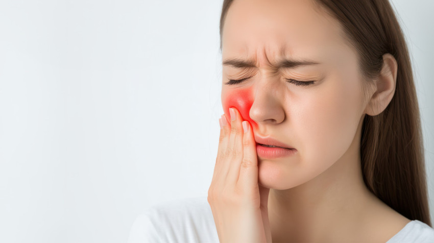 A woman holding her cheek in pain with visible redness and capillaries