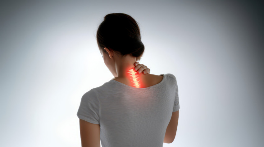 A woman holding her neck in pain standing on a white background