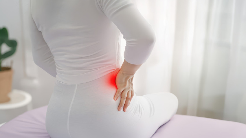 A Indian woman holding her lower back in pain in a bedroom