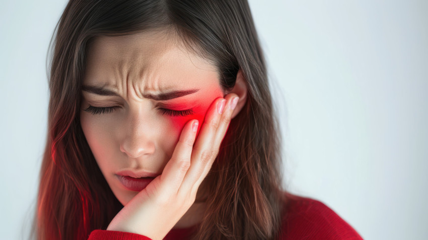 An Indian woman touching her face with tooth pain