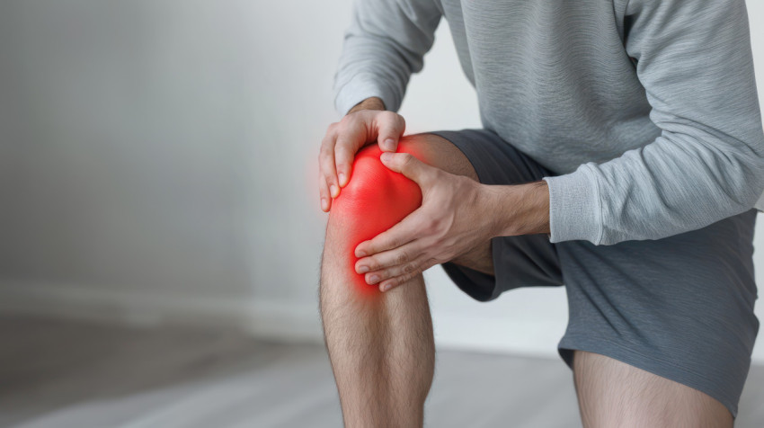 A man holding his knee in pain with a daylight room background