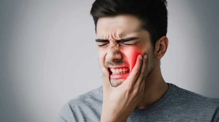 An Indian man suffering from tooth pain holding his cheek against a gray background