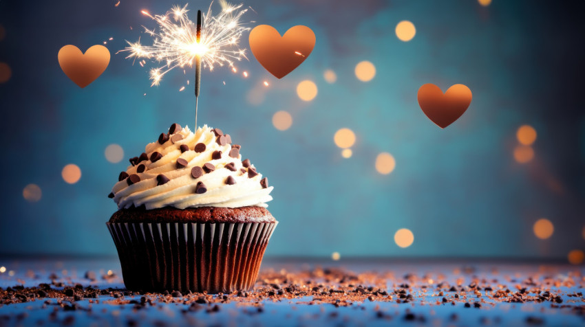 Cupcake with white frosting and chocolate chips centered against a blue background