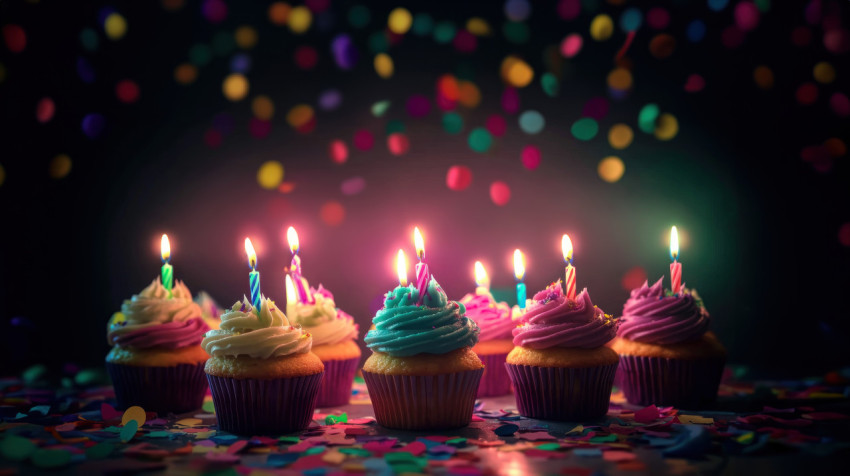 Cupcakes with candles and colorful frosting set against birthday backdrop featuring festive treats