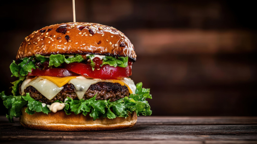 Juicy hamburger with lettuce tomato and cheese on top placed against dark wooden background