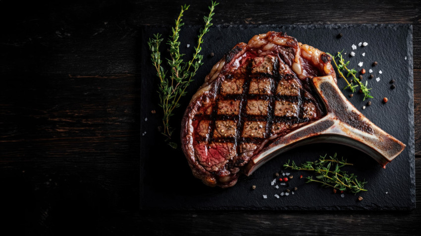 Uncolored seared t bone steak on a black slate plate with herbs set on a dark wooden table