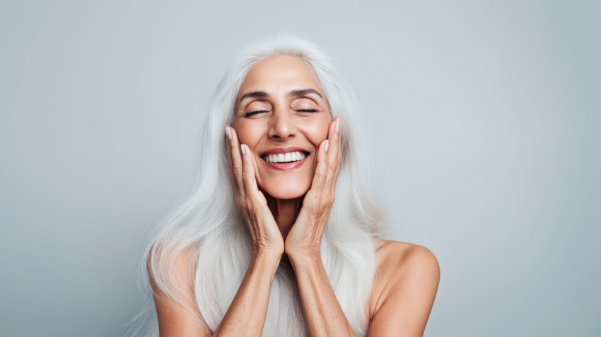 Woman face with wrinkles around the eyes set against a white background skin problem idea