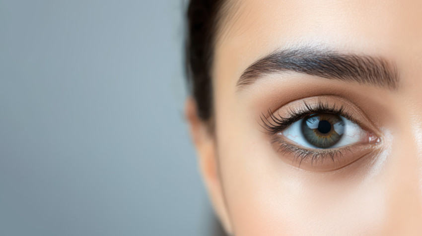 A woman with brown eyes dark circles and thin eyebrows against a white background skin problem theme