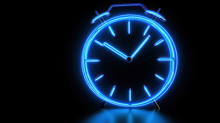 Blue neon clock glowing on black background showing concept of time management