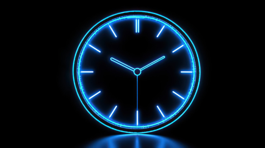 Neon clock glowing on black background showing time management concept