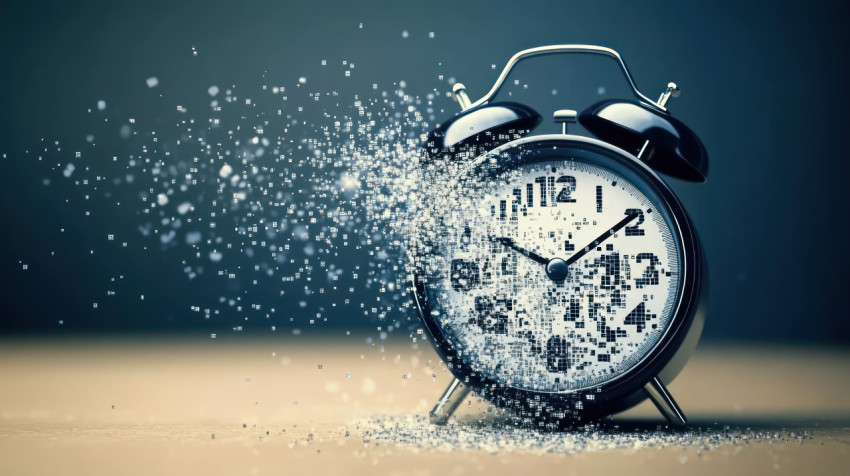 Alarm clock breaking into pixelated particles symbolizing time management