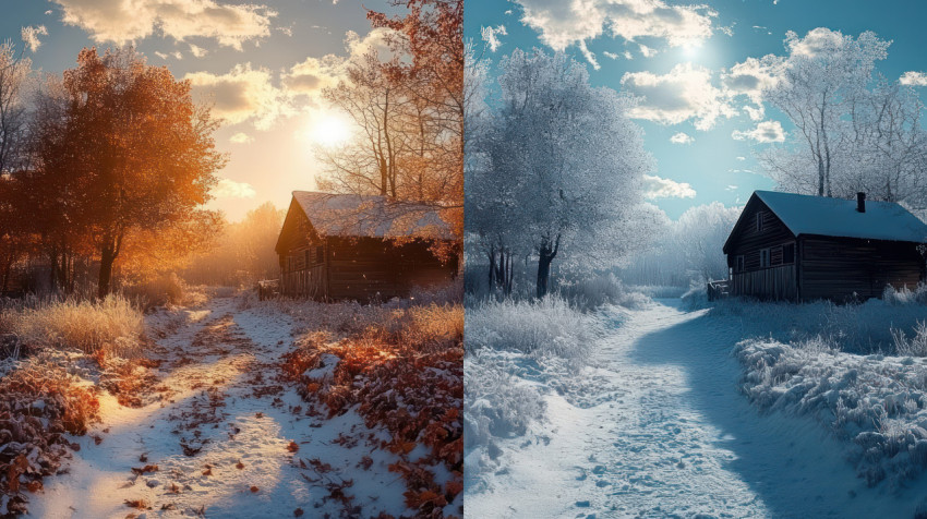 Two images side by side one showing autumn landscape with trees covered leaves and snow the ground