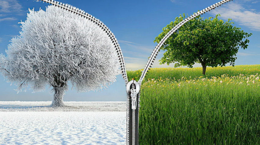 The zipper opens to reveal ice covered tree on the left and lush spring greenery on the right