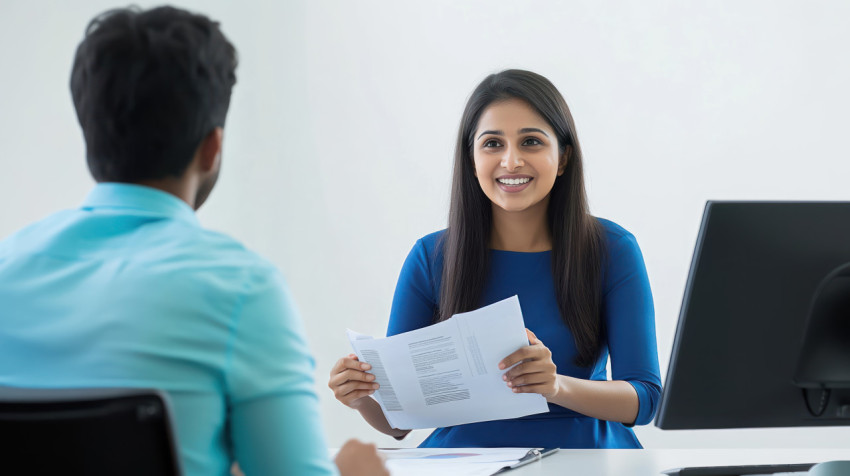 Indian woman sitting at a desk talking to an office employee banking and finance theme