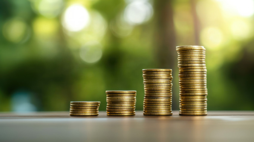 Gold coins stacked in a row with a blurred green background banking and finance concept