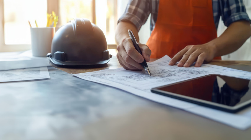 Close up of engineer hands holding pen and writing paper with digital tablet display the background