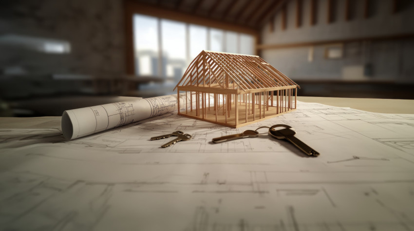 Wooden house model on blueprints with drawing tools and keys beside it