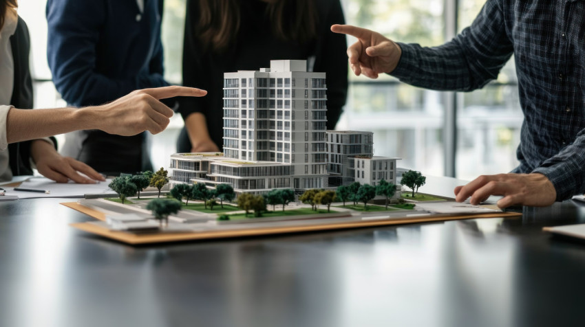 A group of professionals gathered around the office table discussing with small scale building