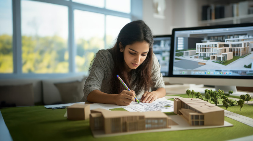 Indian woman in casual attire sketching school buildings with markers on paper