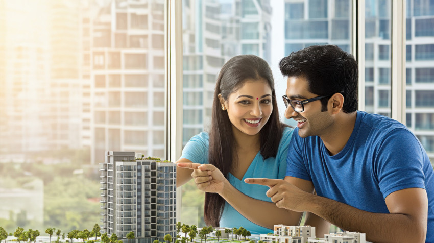 Happy indian couple in an office viewing model of new apartment building