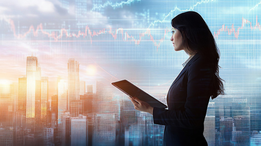 Businesswoman standing in front of digital cityscape and stock market graph