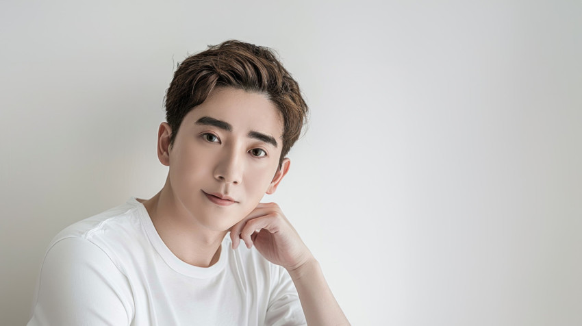 Handsome chinese man with short hair wears white t shirt and poses