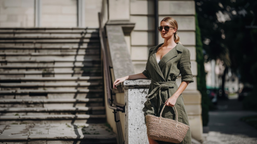 A woman olive green linen dress sunglasses carries straw bag while walking down the streets of italy