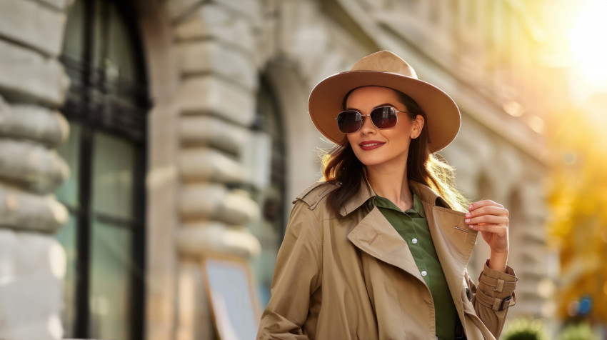 A woman sunglasses and trench coat holds hat while walking on the street with sunlit city background