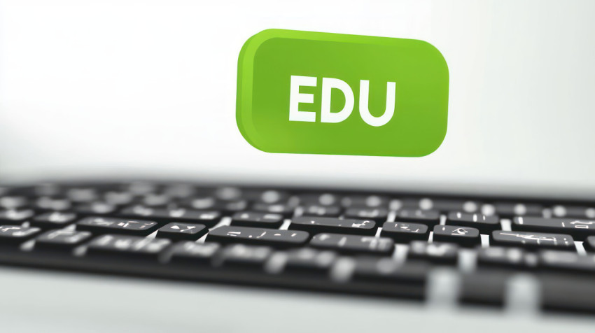 Green text bubble with word EDU floating above keyboard highlighting education technology