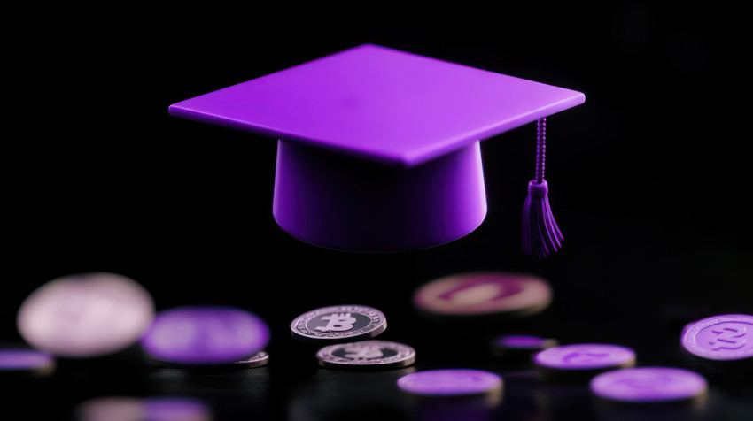 Purple graduation cap icon floating on black background symbolizing educational achievement