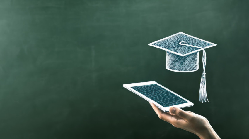 Hand holding tablet with graduation cap drawing in chalk on chalkboard background