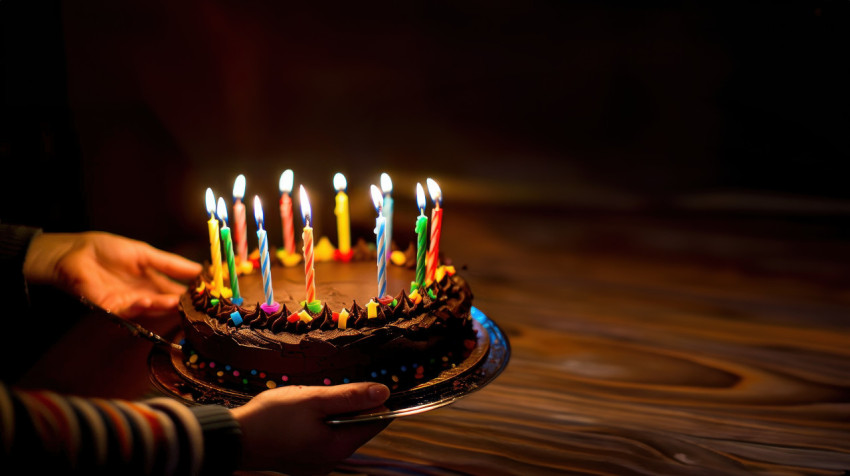 Chocolate birthday cake with colorful candles being served with someone in the foreground