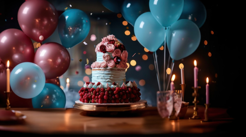 Luxurious birthday cake with flowers on top surrounded by balloons and candles