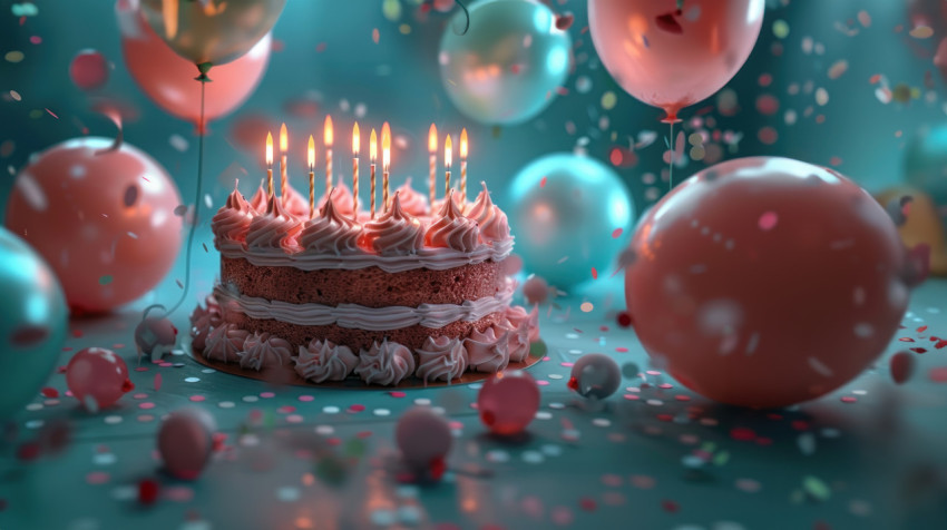 Birthday cake with pink frosting and candles on top surrounded by balloons and confetti