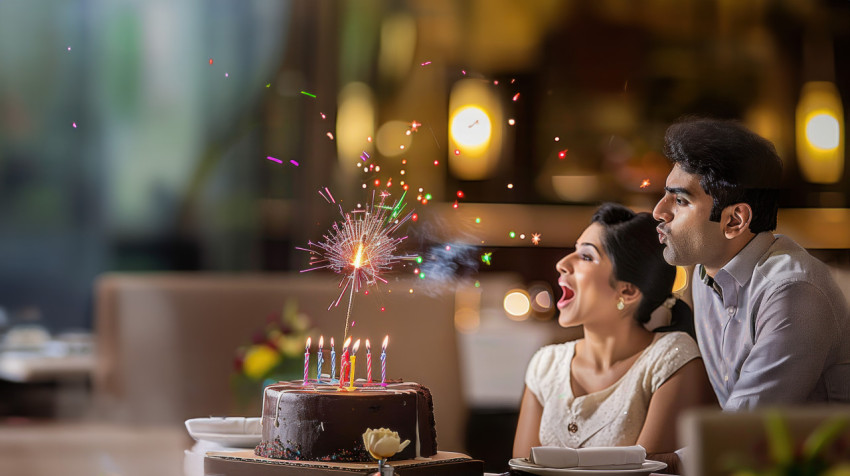 Man blowing out candles on his wife birthday cake in an elegant restaurant