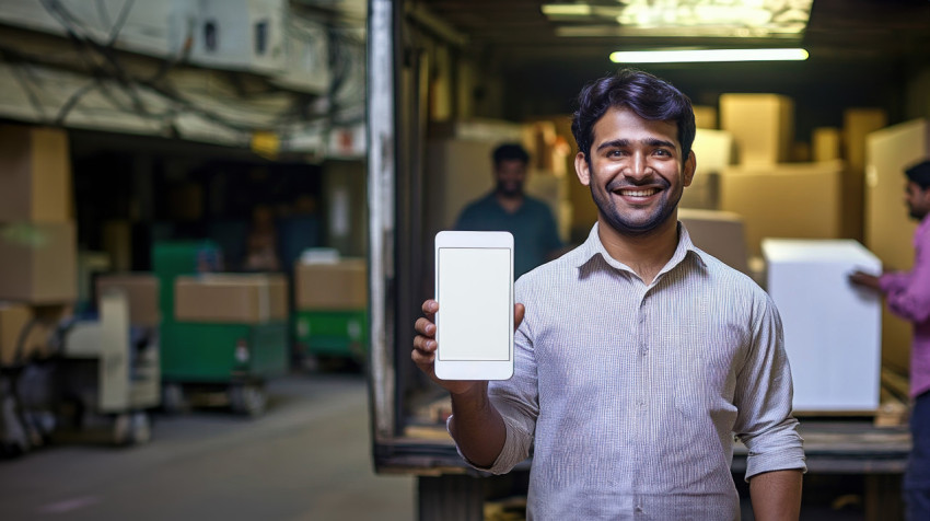 Indian man holding up phone with white screen standing in front of an open truck door